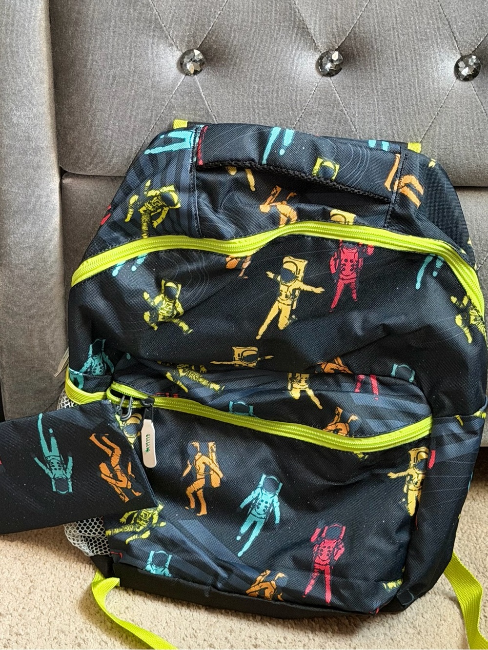 Boys Black Astronaut Print Backpack with Neon Accents W/ Pencil case